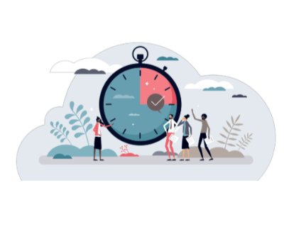 Illustration of a large stopwatch with figures and plants in the background.